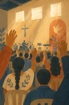 Raised Hands in Sunlit Community Hall