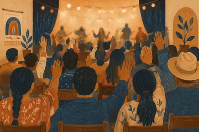 Raised Hands in Warm Worship Gathering