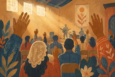 Raised Hands in Community Hall Worship