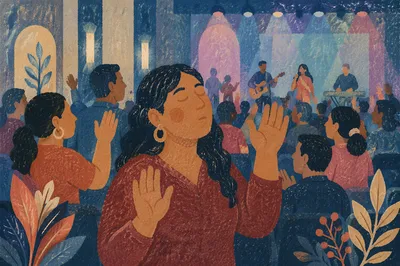 Hands Raised in Community Auditorium Service