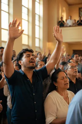 Latino Congregation Singing with Raised Hands