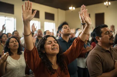 Latino Congregation with Raised Hands in Church
