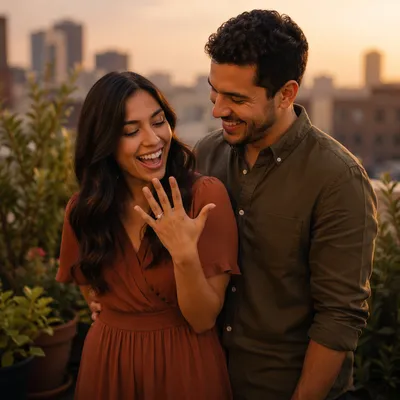 Joyful Engaged Couple on Rooftop Garden