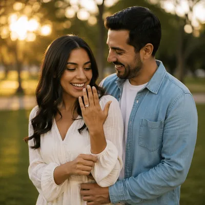 Joyful Engaged Couple in City Park