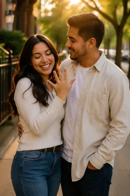 Joyful Engaged Couple on City Sidewalk