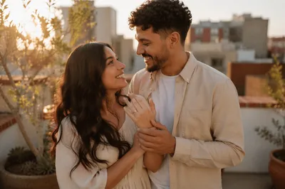 Young Engaged Couple on Rooftop Garden