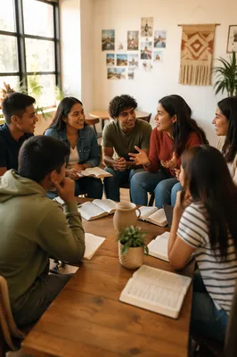 Latino Youth Group Discussion in Sunlit Room