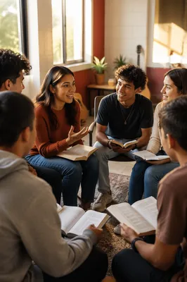 Latino Youth Group Discussion in Sunlit Room