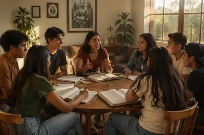 Latino Youth Group Discussion in Sunlit Room