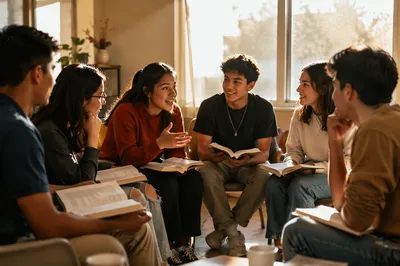 Latino Youth Group Discussion in Sunlit Room