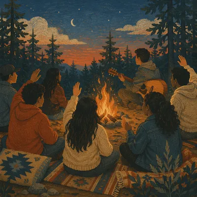 Youth Group Around Campfire at Dusk