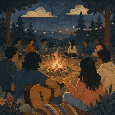 Youth Group Around Campfire With Guitar