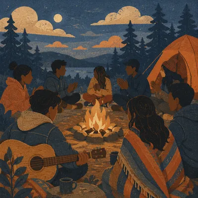 Youth Group Around Campfire With Guitar