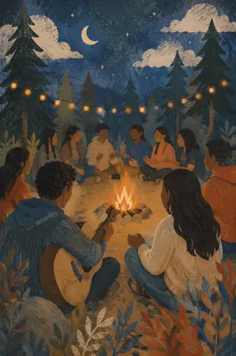 Youth Group Around Campfire With Guitar