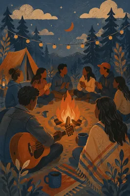 Youth Group Around Campfire with Guitar