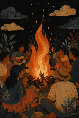 Young Adults Singing Around Campfire