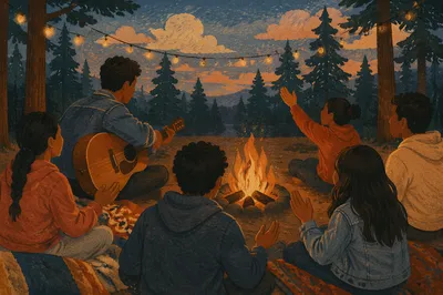 Youth Group Around Campfire at Dusk