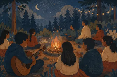 Youth Group Around Campfire with Guitar
