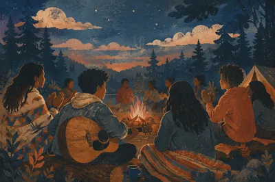 Youth Group Around Campfire With Guitar