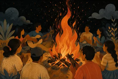 Young Adults Around Campfire at Night