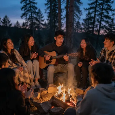 Youth Group Singing by Campfire