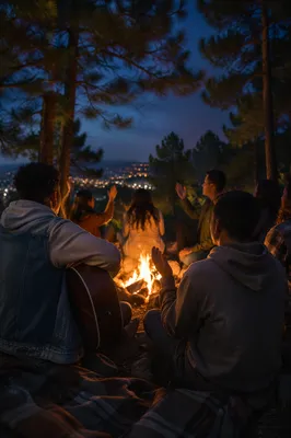 Youth Group Around Campfire at Dusk