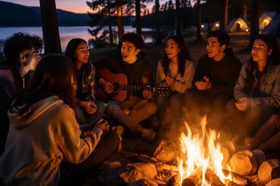 Latino Youth Around Campfire with Guitar