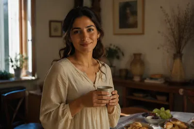 Welcoming Woman in Sunlit Dining Room