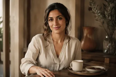 Welcoming Lebanese Woman in Sunlit Interior