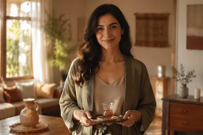 Lebanese Woman Holding Tray in Warm Home