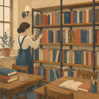 Quiet Librarian Organizing Books in Reading Room