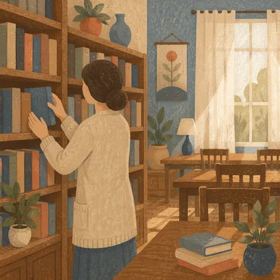 Quiet Librarian Arranging Books in Reading Room