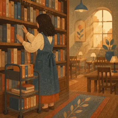 Quiet Librarian Arranging Books at Sunset