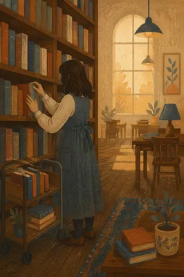 Quiet Librarian Arranging Books at Sunset