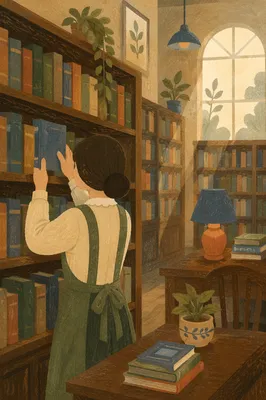 Quiet Librarian Organizing Books at Dawn