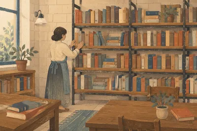 Quiet Librarian Organizing Books in Reading Room