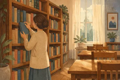 Quiet Librarian Organizing Books in Morning Light