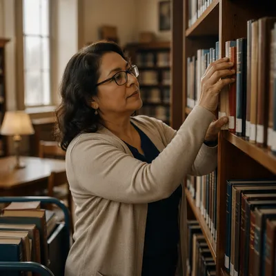 Calm Librarian Organizing Books at Sunrise