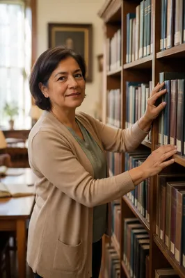 Librarian Organizing Books in Quiet Reading Room
