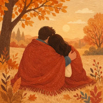 Romantic Autumn Couple Wrapped in Blanket