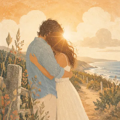 Romantic Couple Embrace at Golden Coast