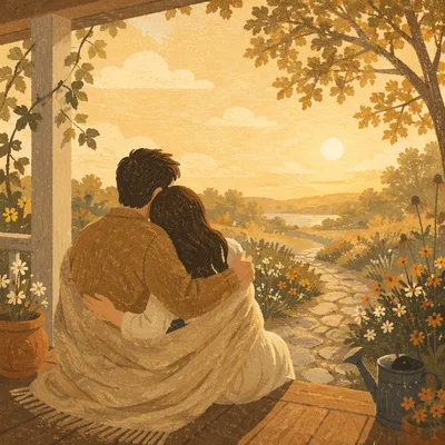 Golden Hour Couple Embrace on Porch