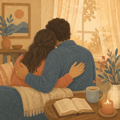Prayerful Couple Embracing in Warm Living Room