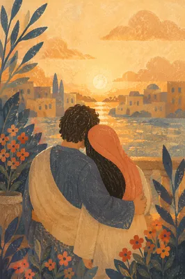 Golden Hour Couple Embrace on Balcony