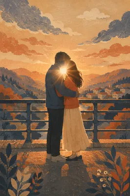 Golden Hour Couple Embrace on Pedestrian Bridge