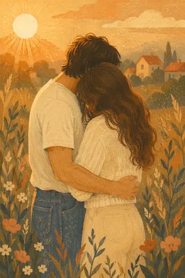 Romantic Couple Embrace at Golden Meadow