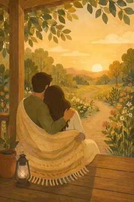 Warm Golden Hour Couple Embrace on Porch