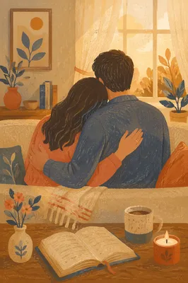 Prayerful Couple Embracing in Warm Living Room