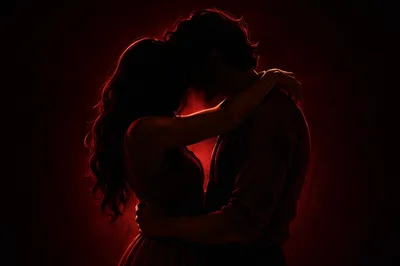 Romantic Couple Embrace in Burgundy Light
