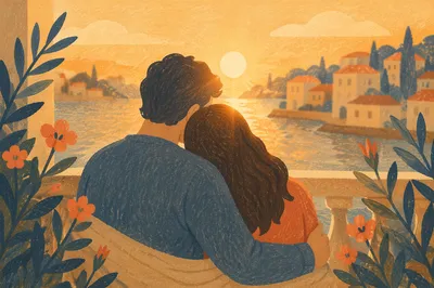 Golden Hour Couple Embrace on Balcony